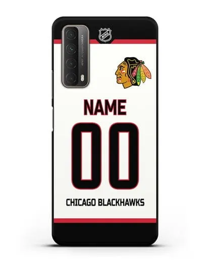 Чехол ХК Чикаго Блэкхокс с фамилией и номером белая форма силиконовый для Huawei P Smart 2021