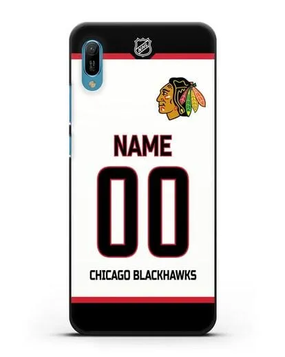 Чехол ХК Чикаго Блэкхокс с фамилией и номером белая форма силиконовый для Huawei Y6 2019
