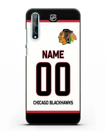 Чехол ХК Чикаго Блэкхокс с фамилией и номером белая форма силиконовый для Huawei Y8P