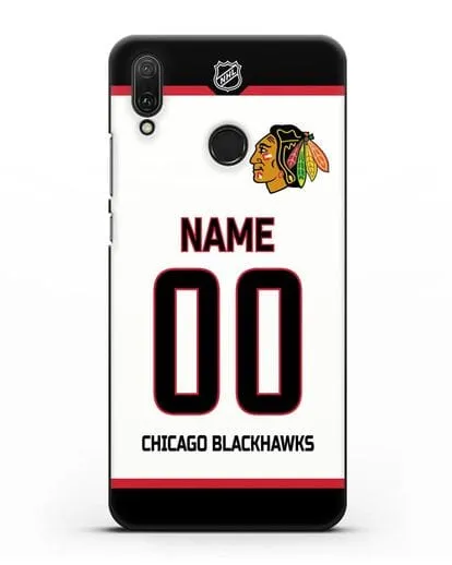 Чехол ХК Чикаго Блэкхокс с фамилией и номером белая форма силиконовый для Huawei Y9 2019