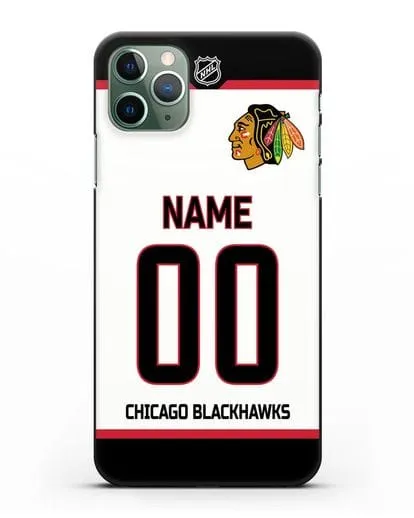 Чехол ХК Чикаго Блэкхокс с фамилией и номером белая форма силиконовый для iPhone 11 Pro Max