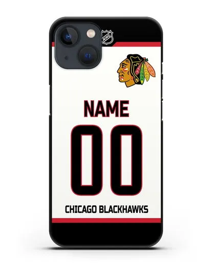 Чехол ХК Чикаго Блэкхокс с фамилией и номером белая форма силиконовый для iPhone 13 Mini