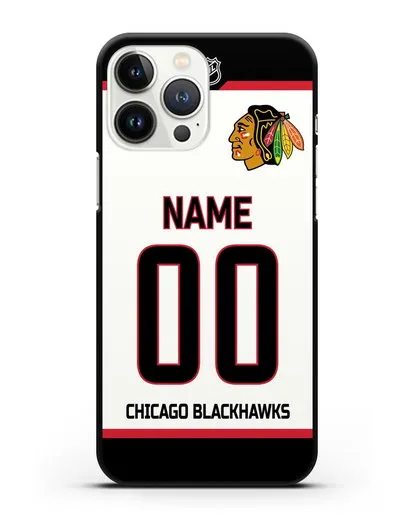 Чехол ХК Чикаго Блэкхокс с фамилией и номером белая форма силиконовый для iPhone 13 Pro Max