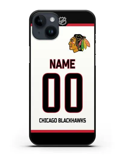 Чехол ХК Чикаго Блэкхокс с фамилией и номером белая форма силиконовый для iPhone 14 Plus