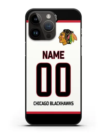 Чехол ХК Чикаго Блэкхокс с фамилией и номером белая форма силиконовый для iPhone 14 Pro Max