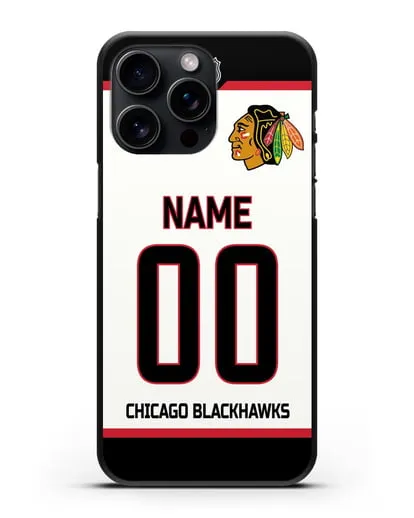 Чехол ХК Чикаго Блэкхокс с фамилией и номером белая форма силиконовый для iPhone 15 Pro Max