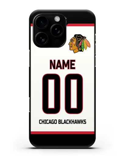Чехол ХК Чикаго Блэкхокс с фамилией и номером белая форма силиконовый для iPhone 16 Pro Max