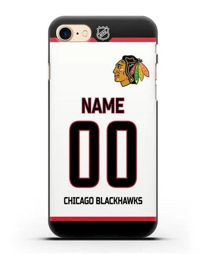 Чехол ХК Чикаго Блэкхокс с фамилией и номером белая форма силиконовый для iPhone 7