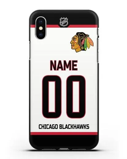 Чехол ХК Чикаго Блэкхокс с фамилией и номером белая форма силиконовый для iPhone X
