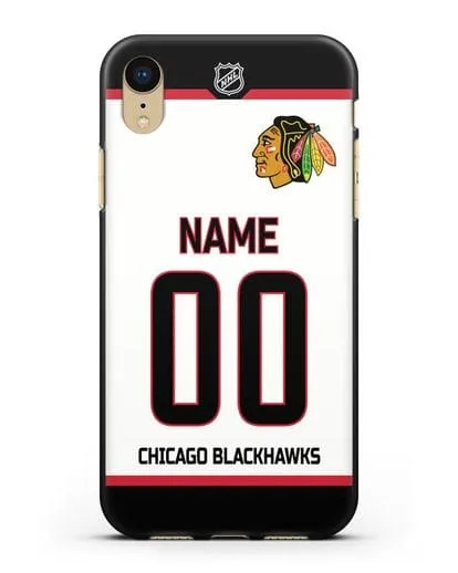 Чехол ХК Чикаго Блэкхокс с фамилией и номером белая форма силиконовый для iPhone XR