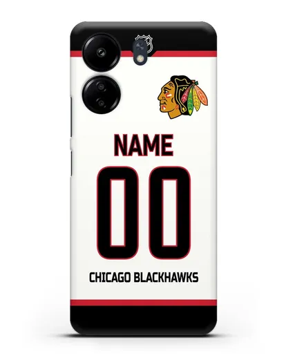 Чехол ХК Чикаго Блэкхокс с фамилией и номером белая форма силиконовый для Xiaomi Poco C65