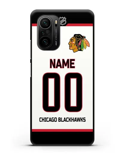 Чехол ХК Чикаго Блэкхокс с фамилией и номером белая форма силиконовый для Xiaomi Poco F3