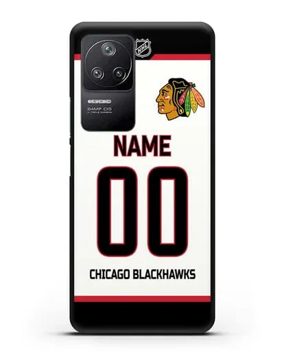 Чехол ХК Чикаго Блэкхокс с фамилией и номером белая форма силиконовый для Xiaomi Poco F4