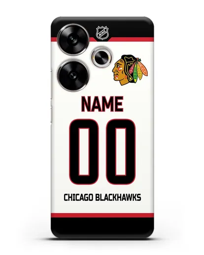 Чехол ХК Чикаго Блэкхокс с фамилией и номером белая форма силиконовый для Xiaomi Poco F6