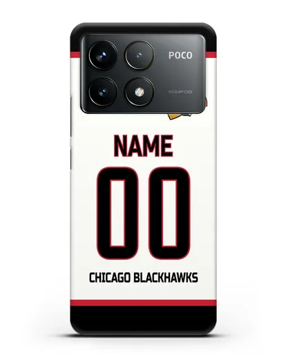 Чехол ХК Чикаго Блэкхокс с фамилией и номером белая форма силиконовый для Xiaomi Poco F6 Pro
