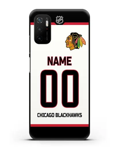 Чехол ХК Чикаго Блэкхокс с фамилией и номером белая форма силиконовый для Xiaomi Poco M3 Pro