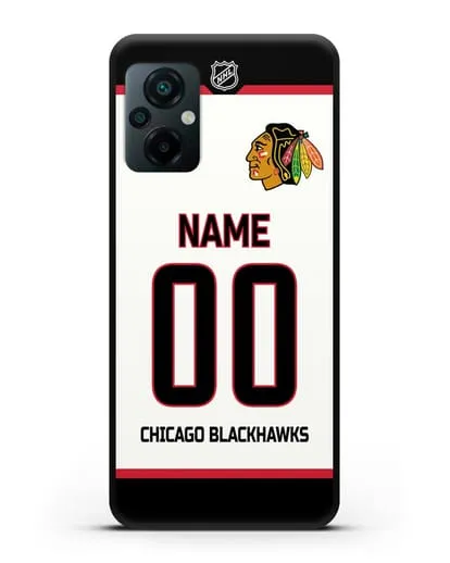 Чехол ХК Чикаго Блэкхокс с фамилией и номером белая форма силиконовый для Xiaomi Poco M5
