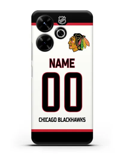 Чехол ХК Чикаго Блэкхокс с фамилией и номером белая форма силиконовый для Xiaomi Poco M6