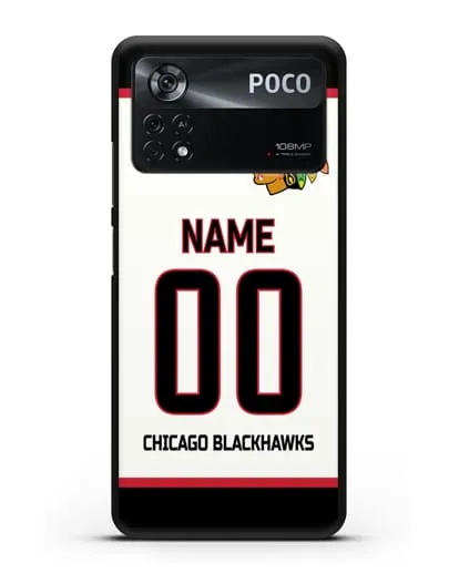 Чехол ХК Чикаго Блэкхокс с фамилией и номером белая форма силиконовый для Xiaomi Poco X4 Pro