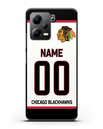 Чехол ХК Чикаго Блэкхокс с фамилией и номером белая форма силиконовый для Xiaomi Poco X5