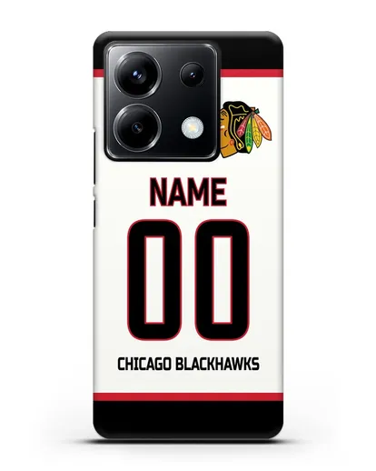Чехол ХК Чикаго Блэкхокс с фамилией и номером белая форма силиконовый для Xiaomi Poco X6