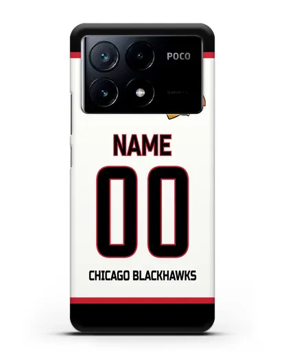 Чехол ХК Чикаго Блэкхокс с фамилией и номером белая форма силиконовый для Xiaomi Poco X6 Pro
