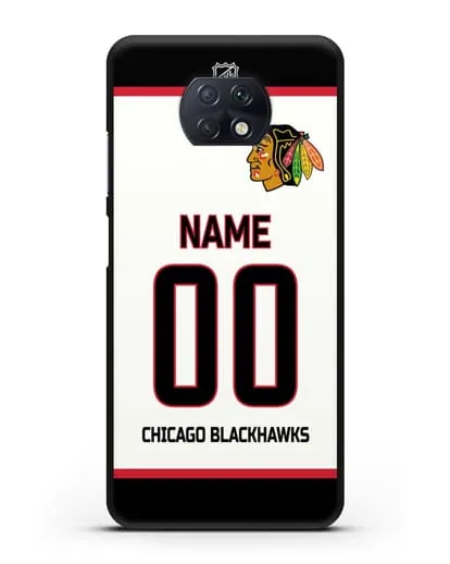 Чехол ХК Чикаго Блэкхокс с фамилией и номером белая форма силиконовый для Xiaomi Redmi Note 9T
