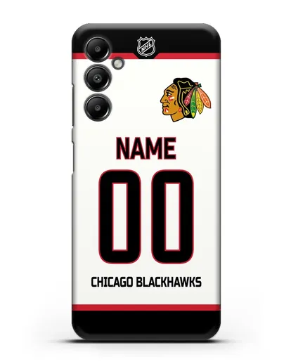 Чехол ХК Чикаго Блэкхокс с фамилией и номером белая форма силиконовый для Samsung Galaxy A05s [SM-A057]