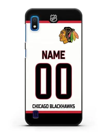 Чехол ХК Чикаго Блэкхокс с фамилией и номером белая форма силиконовый для Samsung Galaxy A10 [SM-A105F]