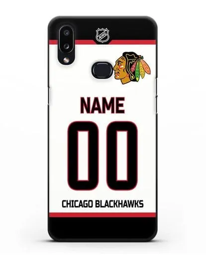 Чехол ХК Чикаго Блэкхокс с фамилией и номером белая форма силиконовый для Samsung Galaxy A10s [SM-F107F]