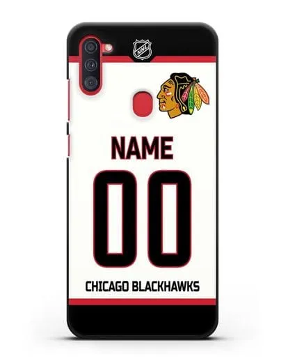 Чехол ХК Чикаго Блэкхокс с фамилией и номером белая форма силиконовый для Samsung Galaxy A11 [SM-A115F]
