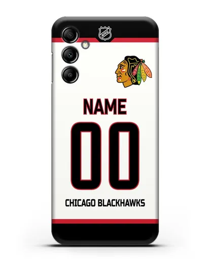 Чехол ХК Чикаго Блэкхокс с фамилией и номером белая форма силиконовый для Samsung Galaxy A14 [SM-A145]