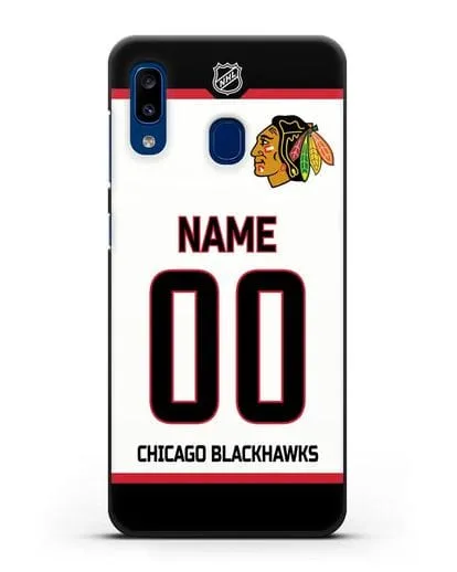 Чехол ХК Чикаго Блэкхокс с фамилией и номером белая форма силиконовый для Samsung Galaxy A20 [SM-A205FN]