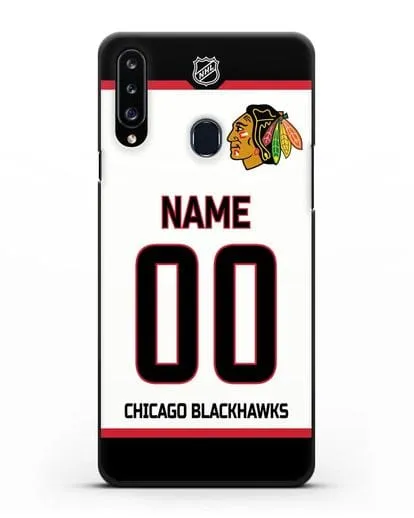 Чехол ХК Чикаго Блэкхокс с фамилией и номером белая форма силиконовый для Samsung Galaxy A20s [SM-A207FN]