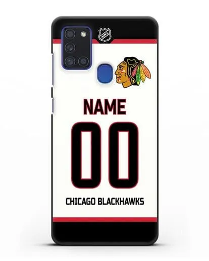 Чехол ХК Чикаго Блэкхокс с фамилией и номером белая форма силиконовый для Samsung Galaxy A21s [SM-A217F]