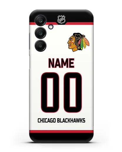 Чехол ХК Чикаго Блэкхокс с фамилией и номером белая форма силиконовый для Samsung Galaxy A25 [SM-A256]