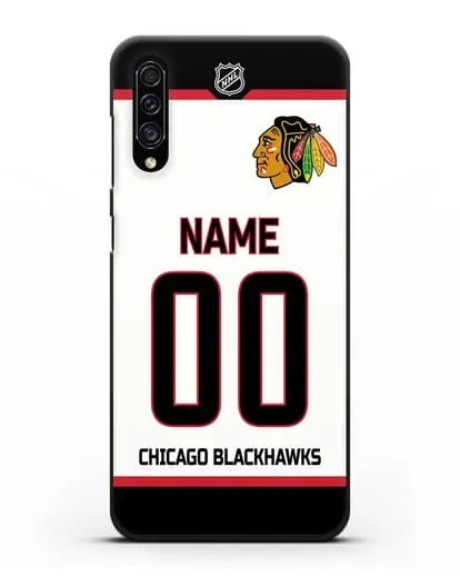 Чехол ХК Чикаго Блэкхокс с фамилией и номером белая форма силиконовый для Samsung Galaxy A30s [SM-A307FN]