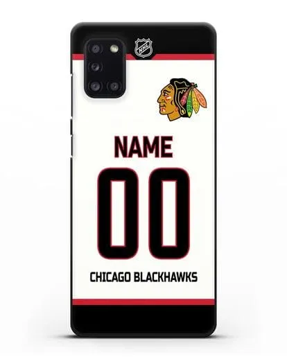 Чехол ХК Чикаго Блэкхокс с фамилией и номером белая форма силиконовый для Samsung Galaxy A31 [SM-A315F]