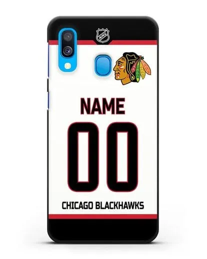 Чехол ХК Чикаго Блэкхокс с фамилией и номером белая форма силиконовый для Samsung Galaxy A40 [SM-A405F]