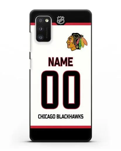 Чехол ХК Чикаго Блэкхокс с фамилией и номером белая форма силиконовый для Samsung Galaxy A41 [SM-A415F]