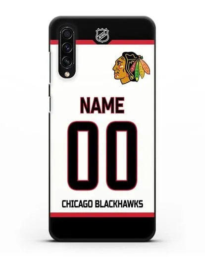 Чехол ХК Чикаго Блэкхокс с фамилией и номером белая форма силиконовый для Samsung Galaxy A50s [SM-F507FN]