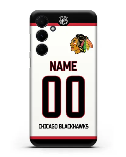 Чехол ХК Чикаго Блэкхокс с фамилией и номером белая форма силиконовый для Samsung Galaxy A55 [SM-A556]
