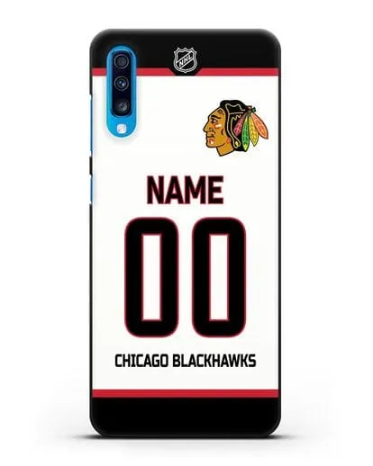Чехол ХК Чикаго Блэкхокс с фамилией и номером белая форма силиконовый для Samsung Galaxy A70 [SM-A705F]