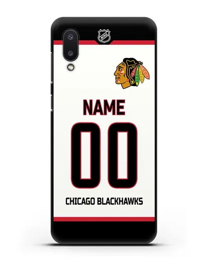 Чехол ХК Чикаго Блэкхокс с фамилией и номером белая форма силиконовый для Samsung Galaxy A02 [SM-A022G]