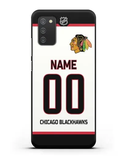 Чехол ХК Чикаго Блэкхокс с фамилией и номером белая форма силиконовый для Samsung Galaxy A02s [SM-A025F]