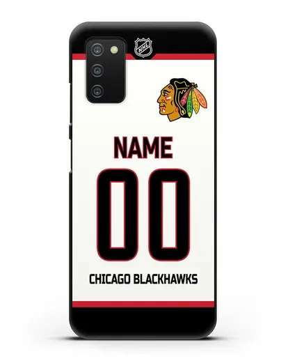 Чехол ХК Чикаго Блэкхокс с фамилией и номером белая форма силиконовый для Samsung Galaxy A03S [SM-A037F]