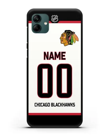 Чехол ХК Чикаго Блэкхокс с фамилией и номером белая форма силиконовый для Samsung Galaxy A04 [SM-A045F]