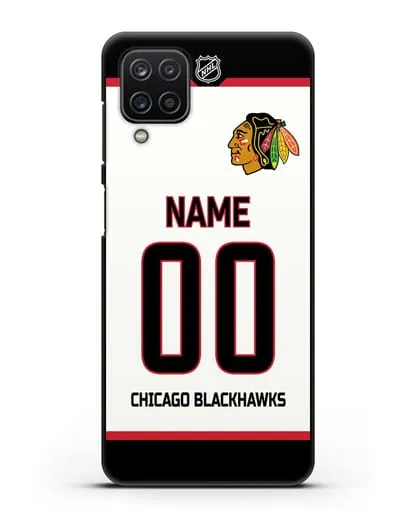 Чехол ХК Чикаго Блэкхокс с фамилией и номером белая форма силиконовый для Samsung Galaxy A12s [SM-A127F]