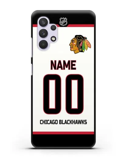Чехол ХК Чикаго Блэкхокс с фамилией и номером белая форма силиконовый для Samsung Galaxy A33