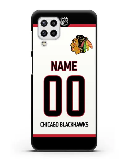 Чехол ХК Чикаго Блэкхокс с фамилией и номером белая форма силиконовый для Samsung Galaxy M32 [SM-M325F]